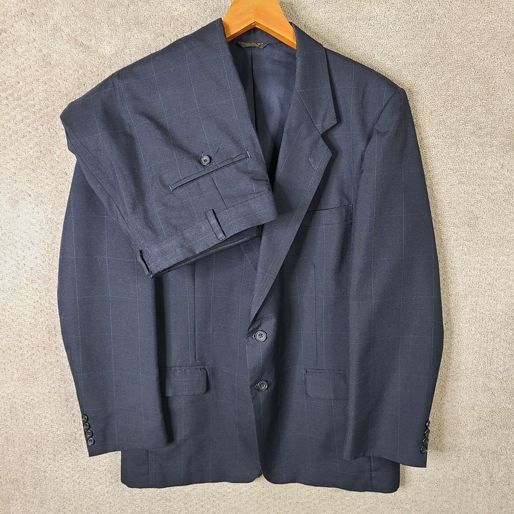 Vintage Farah Suit Mens 44L Blue Green Check 2 Piece Wool Blend Pleated 36x28